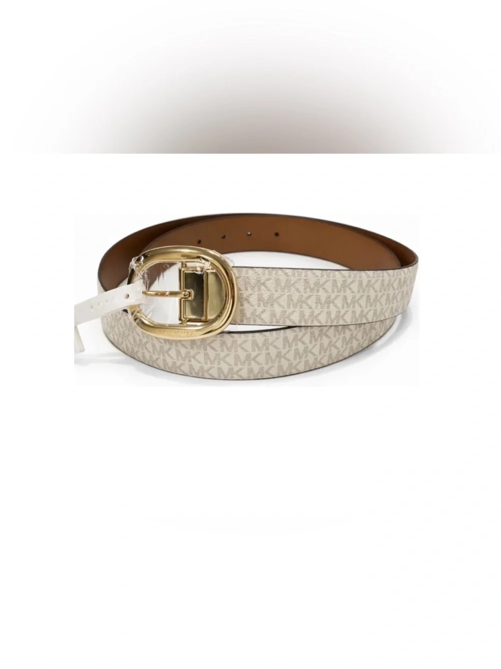 NEW Michael Kors REVERSIBLE Beige Logo & Cognac Brown Belt Gold Oval Buckle SZ M